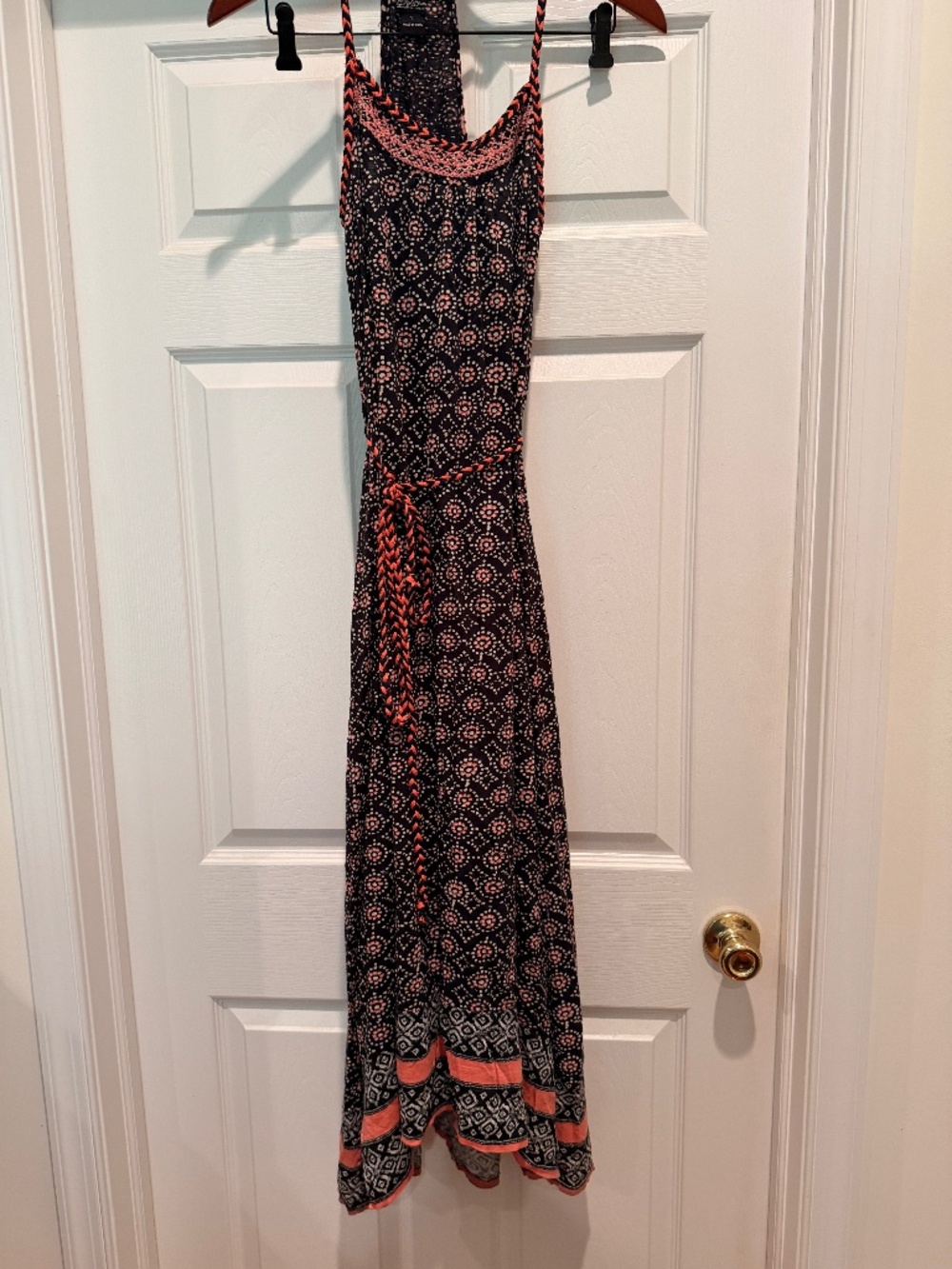 Lucky Brand Maxi Dress Geometric Halter Belt Boho SMALL Fall Wedding